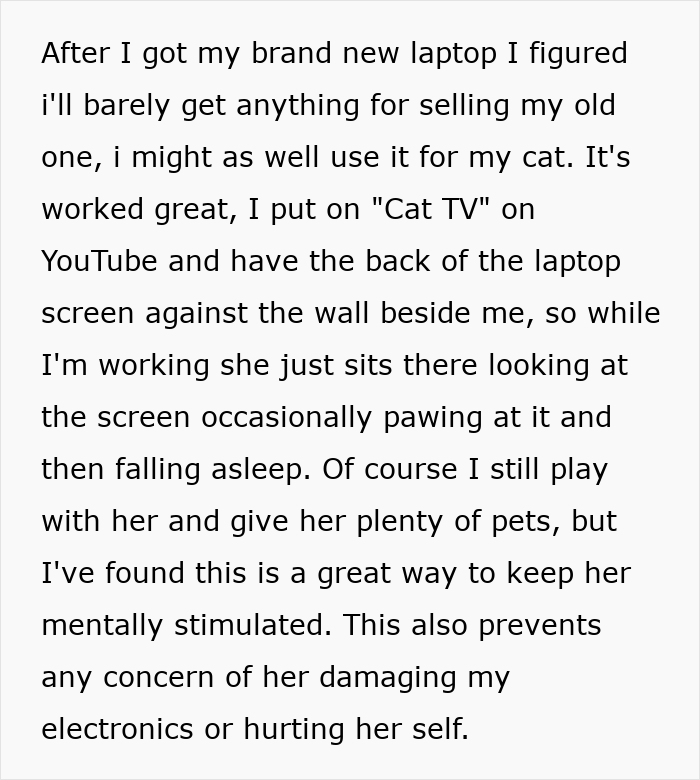 Alt text: Man gives old laptop to cat for mental stimulation, using it to play cat videos to keep her entertained safely.