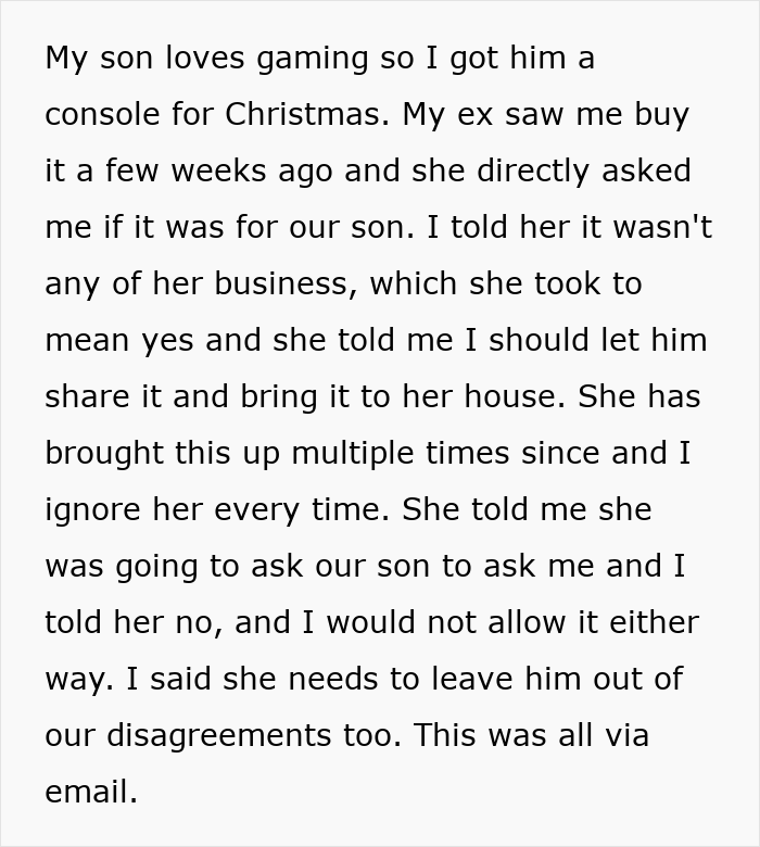 Dad tries to protect his son’s gift from ex’s new family, causing drama over sharing and control of the present. Dad tries to protect his son’s gift from ex’s new family, causing drama over sharing and control of the present.