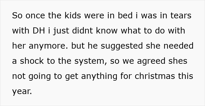 Text excerpt showing a mother explaining her decision to give no Christmas gifts as punishment for 7-year-old child. Text excerpt showing a mother explaining her decision to give no Christmas gifts as punishment for 7-year-old child.