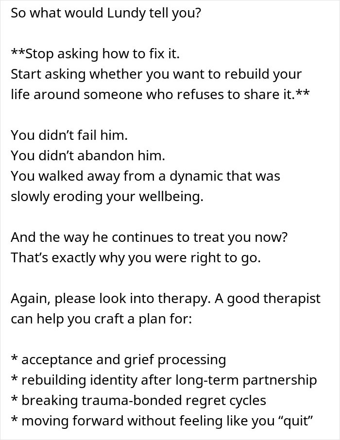 Text advice on rebuilding life after divorce regrets, focusing on therapy and wellbeing for emotional healing and moving forward.