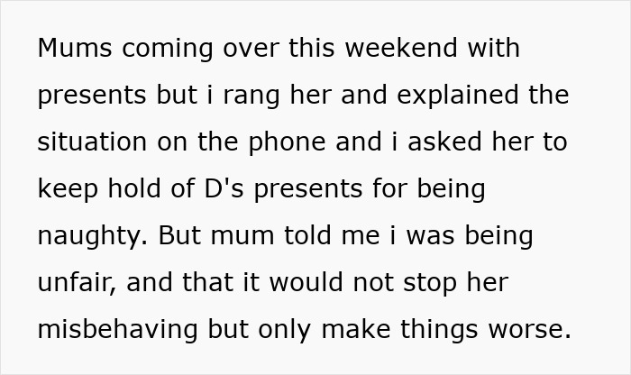 Text from a parent explaining no Christmas gifts as punishment for 7-year-old's behavior sparks online debate. Text from a parent explaining no Christmas gifts as punishment for 7-year-old's behavior sparks online debate.