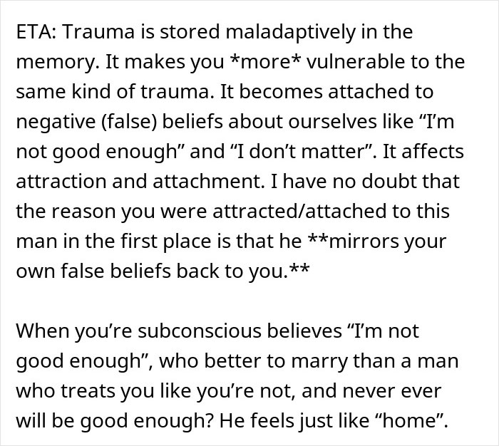 Text discussing trauma's impact on attachment and attraction, related to woman regretting divorce and reality check.