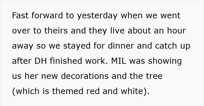 Woman checking holiday decorations and sentimental Christmas ornaments on mother-in-law’s red and white themed tree. Woman checking holiday decorations and sentimental Christmas ornaments on mother-in-law’s red and white themed tree.