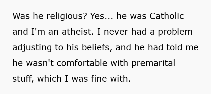 Text excerpt discussing religious differences between a bride and groom related to premarital beliefs before wedding vows.