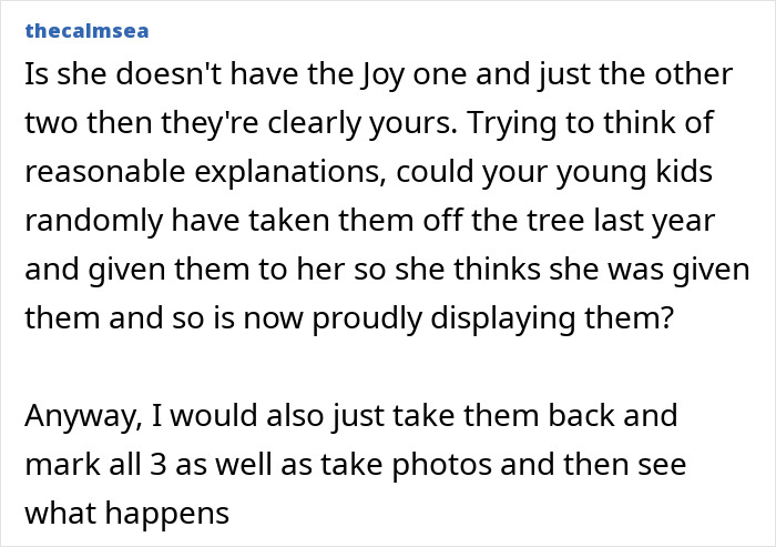 Text conversation about a woman upset after finding her sentimental Christmas ornaments on her mother-in-law’s tree. Text conversation about a woman upset after finding her sentimental Christmas ornaments on her mother-in-law’s tree.