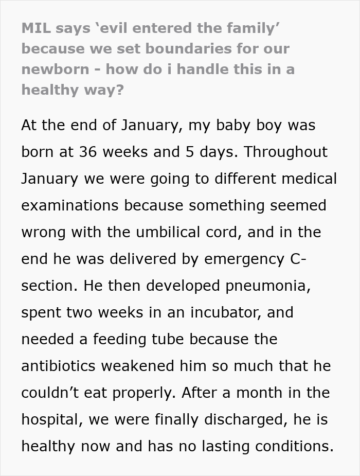 Text excerpt about MIL declaring evil in family after DIL’s premature birth and challenges with newborn’s health and care. Text excerpt about MIL declaring evil in family after DIL’s premature birth and challenges with newborn’s health and care.