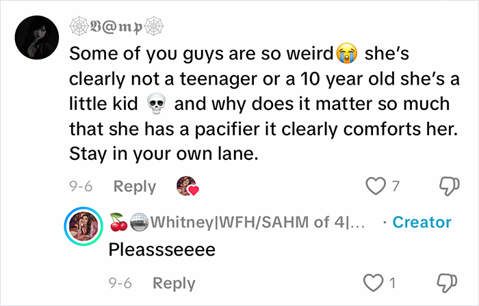 Commenters discuss a viral homeschool clip, questioning parenting choices and defending a child's use of a pacifier for comfort.