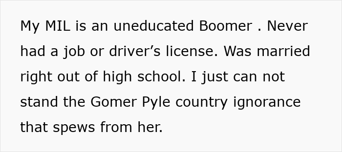 Text on a plain white background describing frustration with a mother-in-law expressing ignorance and lack of education.