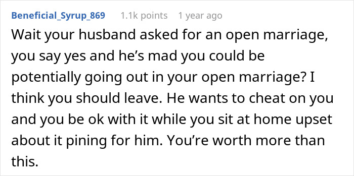 Comment expressing frustration with husband pushing for open marriage and struggling with feelings of insecurity and instability. Comment expressing frustration with husband pushing for open marriage and struggling with feelings of insecurity and instability.