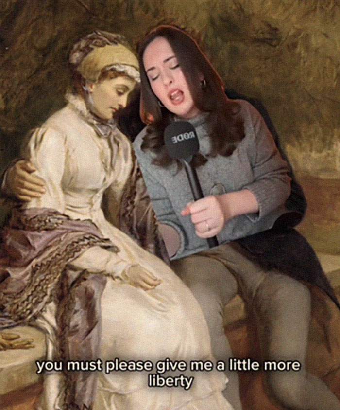 Woman holding microphone interviewing a Victorian-era woman, referencing the worst Victorian boyfriend in a historical setting.
