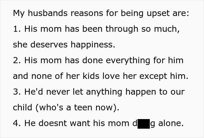 Reasons husband is upset over mom deserving happiness and family conflicts with creepy MIL&rsquo;s husband ban.