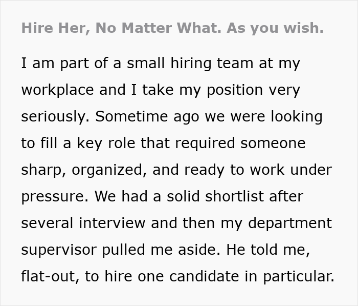 Text excerpt about a hiring team tasked by a boss to hire his crush, leading to a workplace hiring drama. Text excerpt about a hiring team tasked by a boss to hire his crush, leading to a workplace hiring drama.