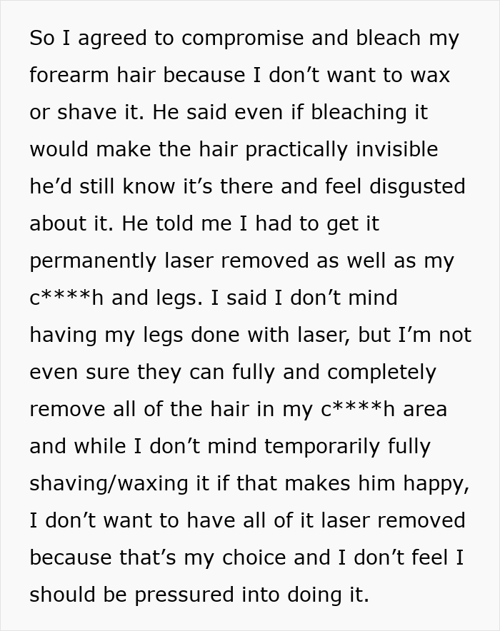 Text discussing a boyfriend demanding laser body hair removal from his girlfriend, leading to online backlash.