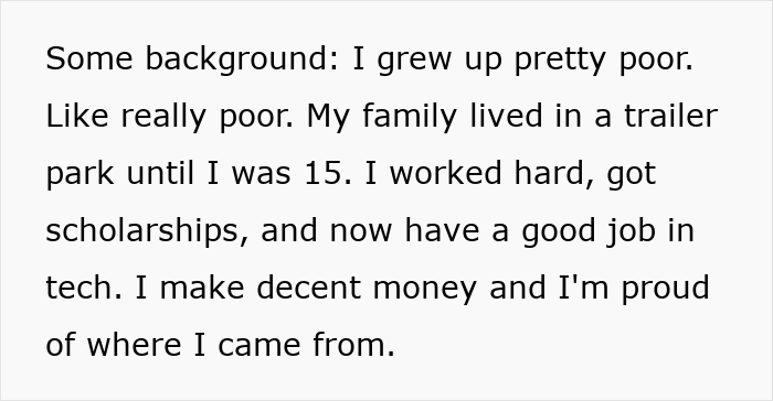 Text excerpt about personal background and overcoming poverty, illustrating efforts to succeed in tech career.