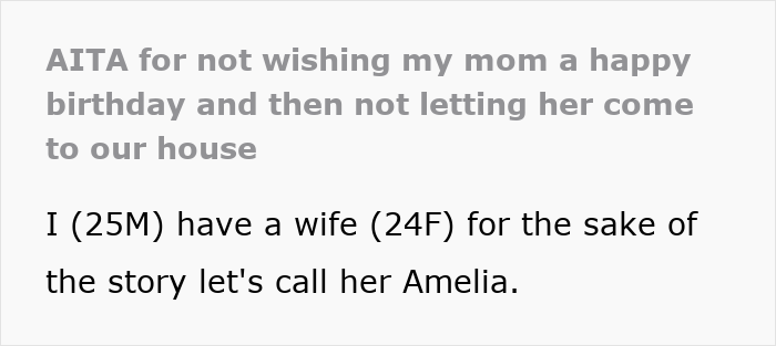 Text excerpt discussing a mother upset at her son for forgetting her birthday and accusing daughter-in-law of timing labor purposely.