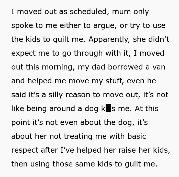 Text excerpt showing a family conflict as a 23 YO moves out, leaving mom with no childcare options and facing guilt tactics.
