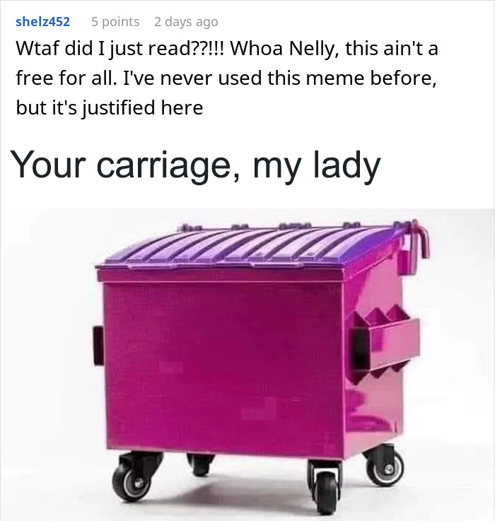Comment reacting to marriage falling apart with a purple dumpster image, highlighting wife treating husband as ATM machine.