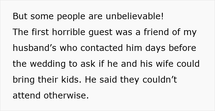 Text excerpt showing an uninvited guest causing trouble at a wedding night sleepover before being kicked out by bride and groom.