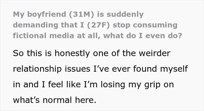 Text post showing a woman’s story about her boyfriend shaming her for loving fiction and fictional media consumption. Text post showing a woman’s story about her boyfriend shaming her for loving fiction and fictional media consumption.
