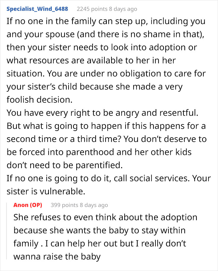 Reddit conversation about a childfree woman refusing responsibility for her sister’s new baby and adoption concerns. Reddit conversation about a childfree woman refusing responsibility for her sister’s new baby and adoption concerns.