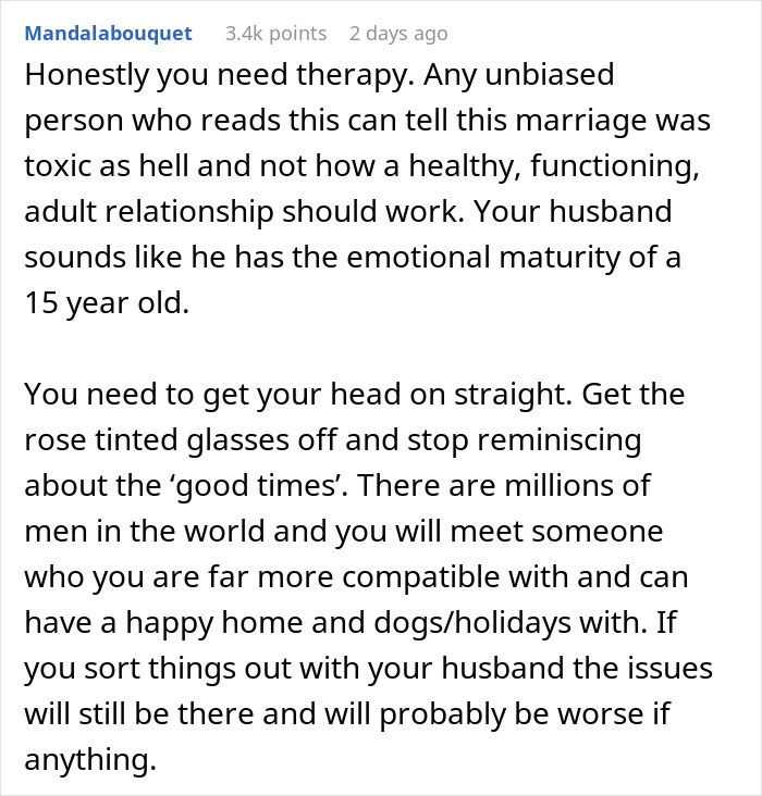 Alt text: Woman gets a reality check after regretting a toxic marriage and divorce, with advice on emotional maturity and moving on.