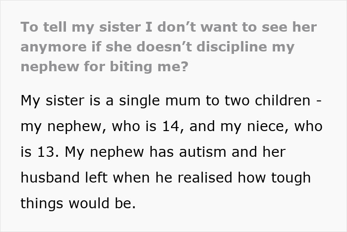 Text excerpt discussing challenges of disciplining a nephew who bites, with focus on Christmas nanny kid bite issue.