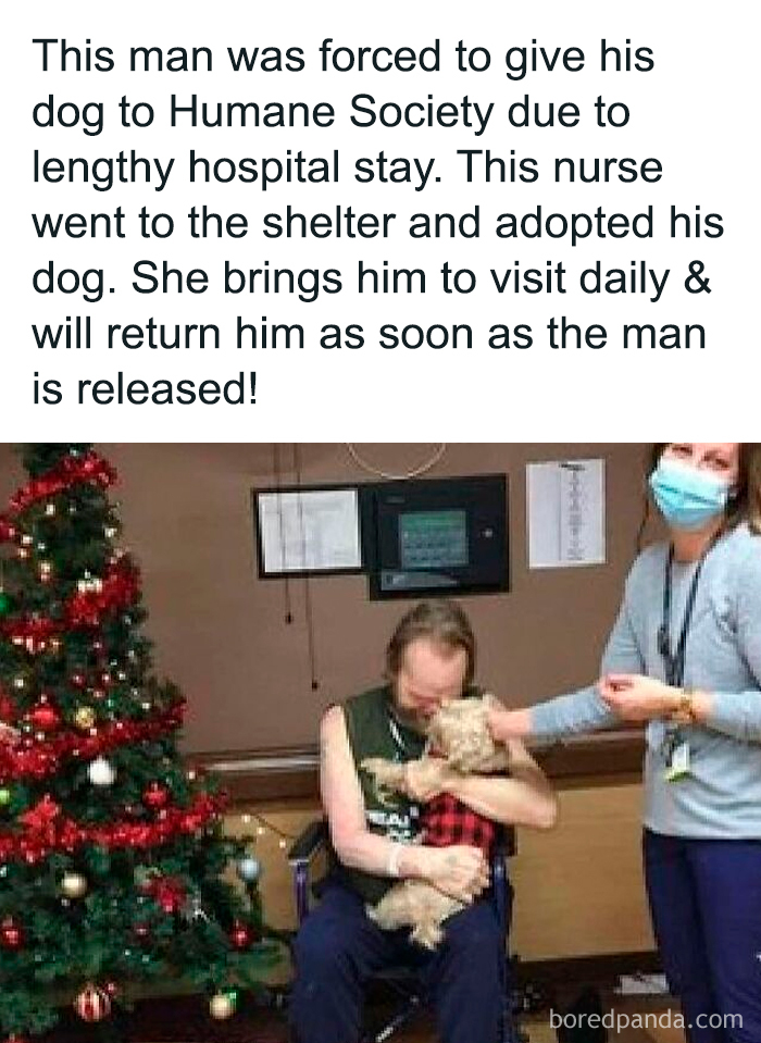 Man in wheelchair hugging dog while nurse wearing mask smiles nearby, a heartwarming moment captured for funny and cute animal memes.