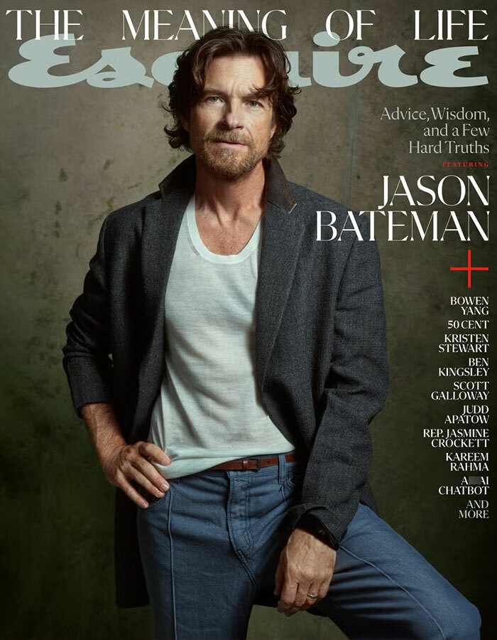 Jason Bateman posing for magazine cover, raising eyebrows with a remark about his sister Justine in a casual outfit.