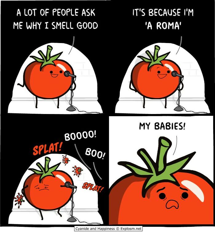 Comic strip by Cyanide & Happiness featuring a talking tomato facing boos, illustrating dark humor about society today.