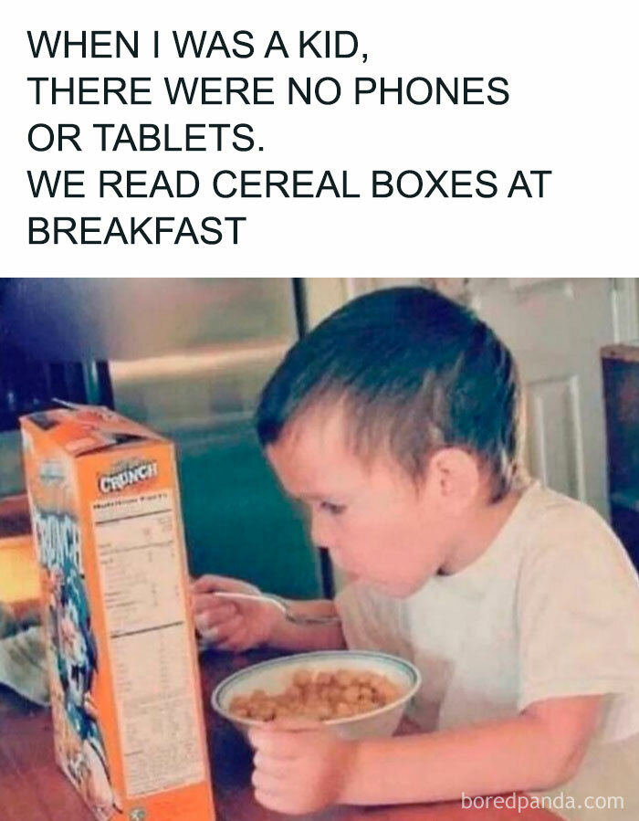 Child reading a cereal box at breakfast, reminding you of creaking joints from nostalgia and old memories.