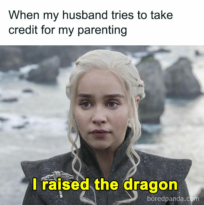 Woman with braided blonde hair and serious expression with meme text about parenting credit and raising a dragon.