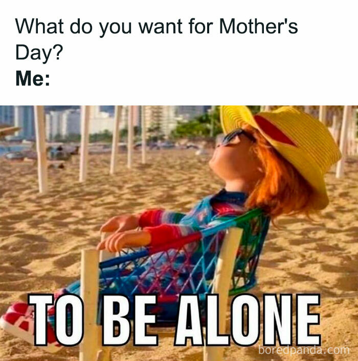 Parenting meme showing a relaxed doll on the beach with text about wanting to be alone on Mother's Day.