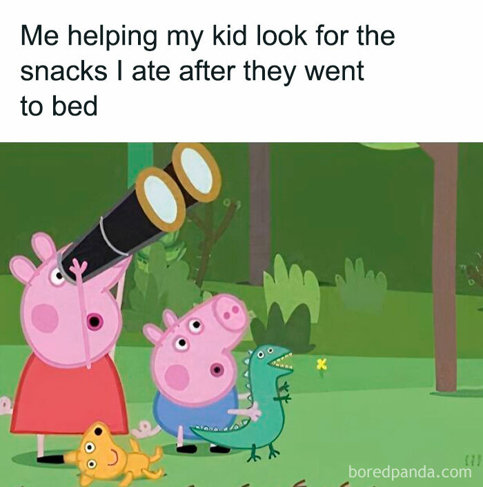Cartoon pig parents helping kids search for snacks in a funny and savage parenting meme about hiding from kids.