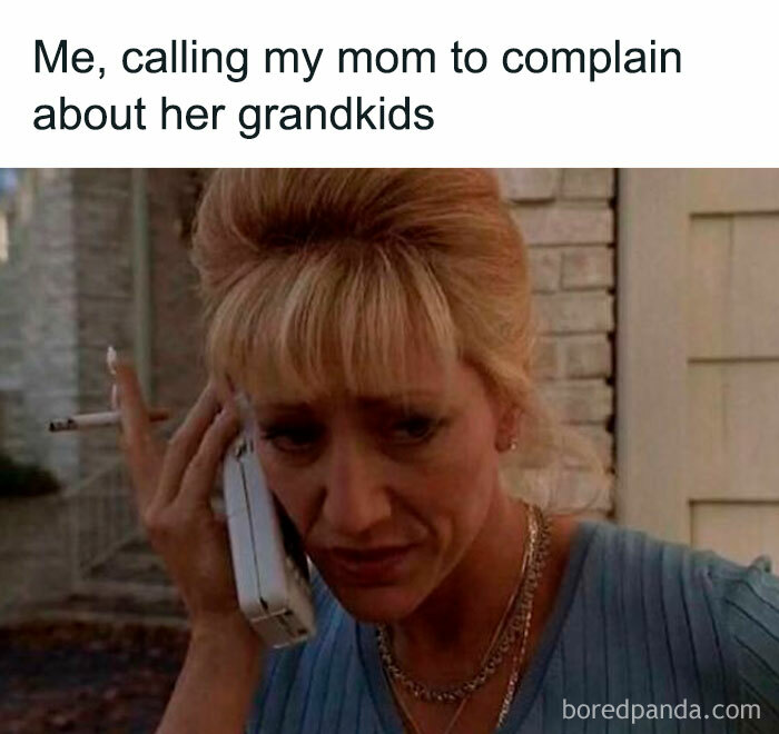 Woman on phone looking stressed with a cigarette, representing funny and savage parenting memes about grandkids complaints.