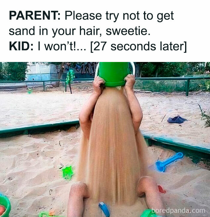 Child dumping a bucket of sand on their head at a playground, a relatable meme for parents going through it.