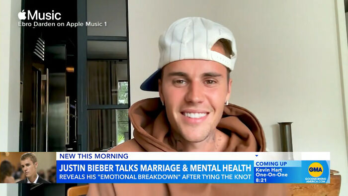 Justin Bieber speaking about mental health and emotional struggles during a virtual interview on Good Morning America.