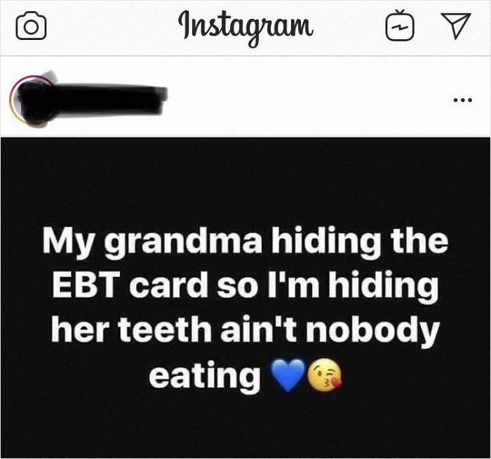 Instagram post showing a humorous text about hiding an EBT card and teeth, illustrating confusing and funny posts.