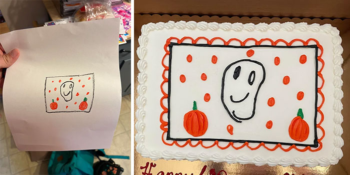 Child’s drawing of a smiling ghost and pumpkins compared to an oversized decorated cake version, illustrating expectations vs reality.