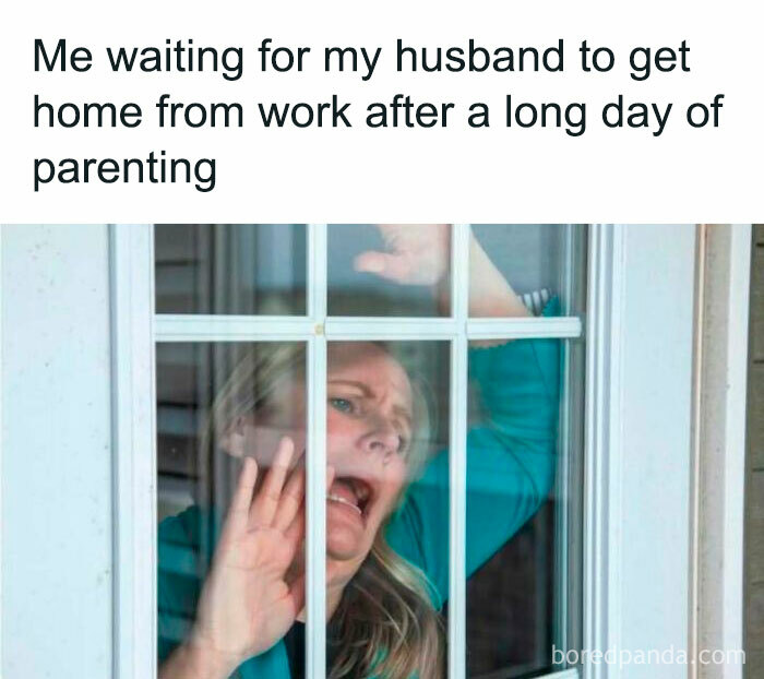 Woman looking stressed and overwhelmed behind a window, illustrating the struggles of funny and savage parenting memes.