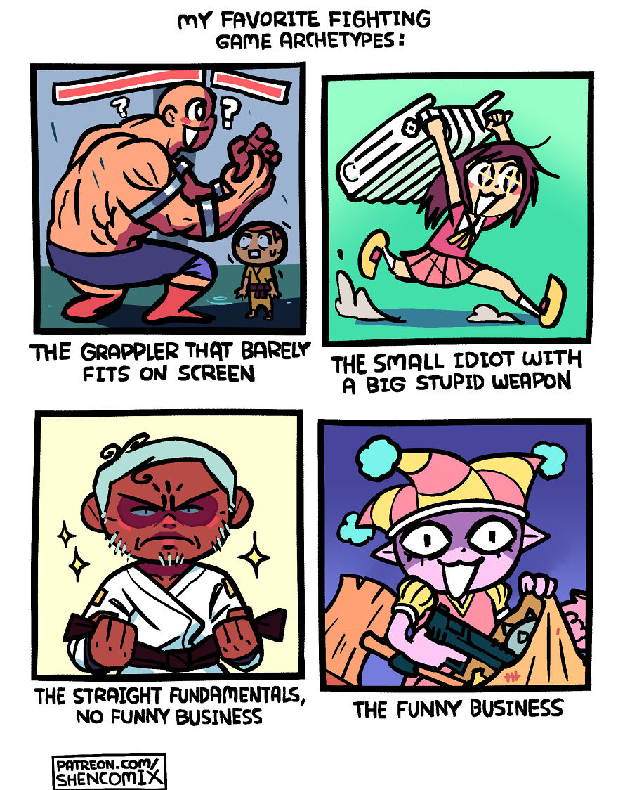 Colorful comic panels depicting different fighting game archetypes, illustrating humor in adulthood and life by Shen Comix.