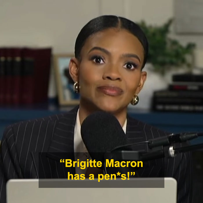 Candace Owens speaking into a microphone, reacting to comments about Brigitte Macron that leave viewers in disbelief.