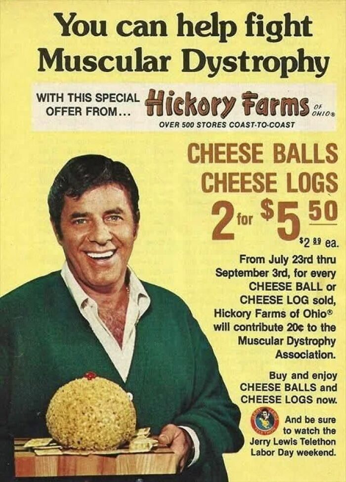 Vintage ad showing a smiling man promoting cheese balls and cheese logs for muscular dystrophy fundraising.
