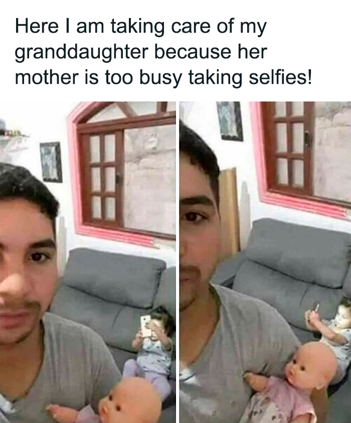 Man taking care of granddaughter holding a doll while her mother is busy taking selfies funny memes winter days brightening.