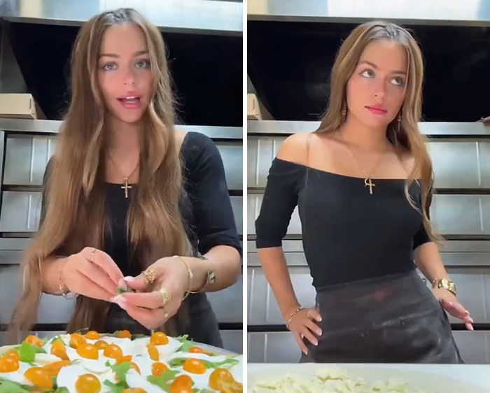 21-year-old pizza maker preparing pizzas in a kitchen, gaining viral attention for her looks and skills.