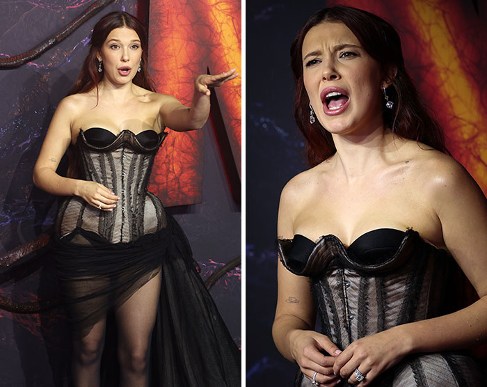 Celebrity in a black corset dress speaking at the 2025 bad manner awards, according to an etiquette expert.