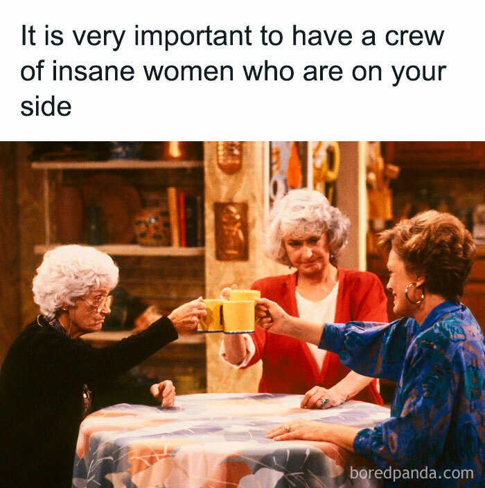 Three elderly women clinking mugs at a table, illustrating hilarious memes about friendship and support while waiting for therapist.