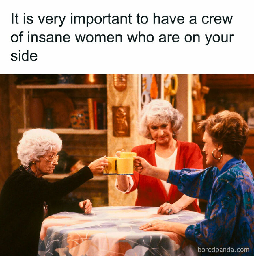 Three older women clinking mugs at a table, highlighting the importance of support in therapy memes.