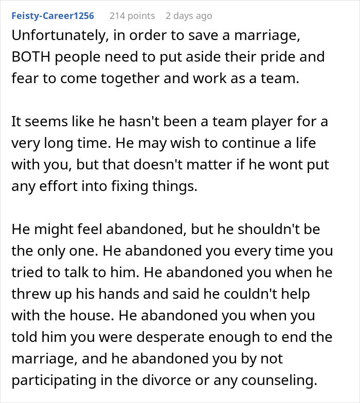 Comment on relationship struggles and teamwork effort in marriage, highlighting regret and reality check after divorce decision.