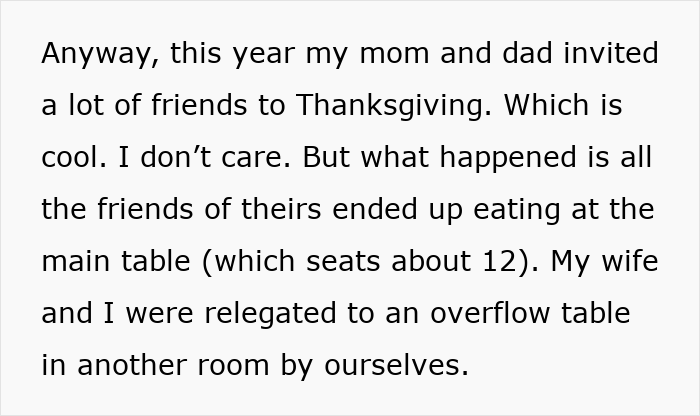Parents let friends sit at main Thanksgiving table while son and wife are placed at overflow table in another room.
