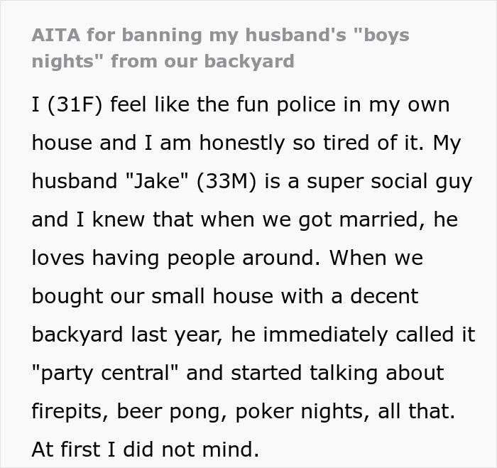 Text excerpt about woman shutting down boys&rsquo; nights at their house due to frustration with husband's social gatherings.